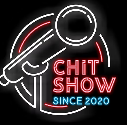 Neon sign with a rolling pin and text 'CHIT SHOW SINCE 2020' on a black background