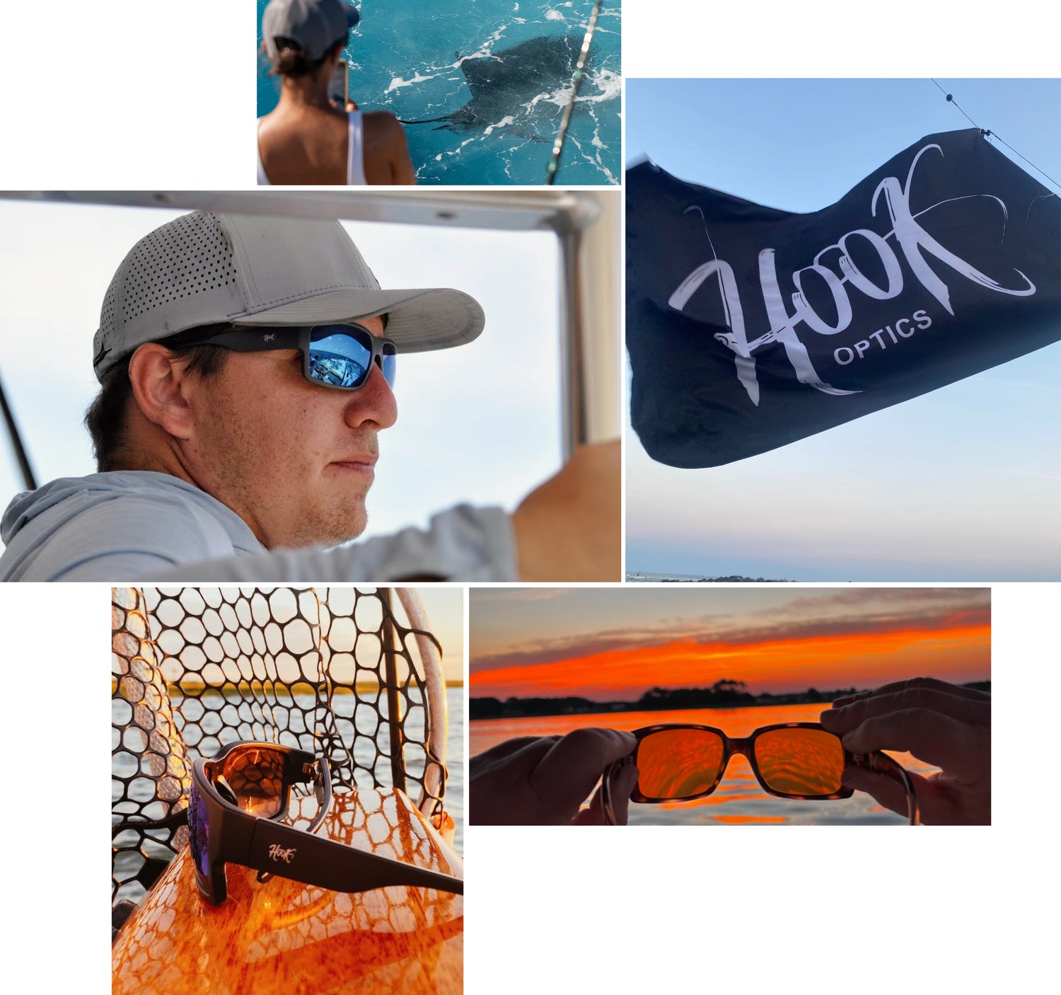 Collage of Hook Polarized Sunglasses and a Hook Optics flag