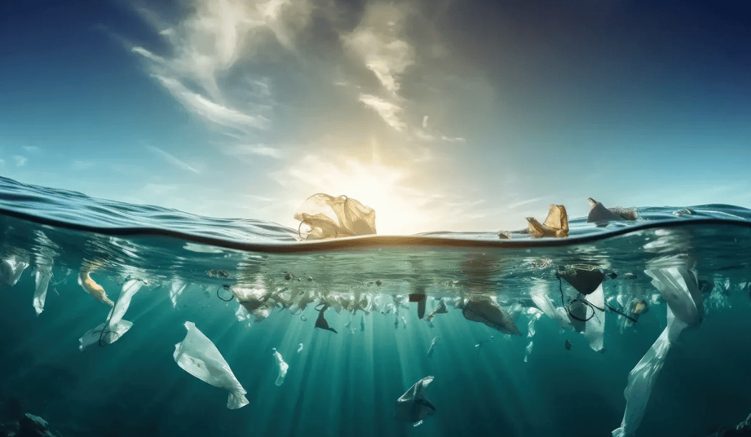 Underwater view of plastic pollution with sunlight filtering through water surface