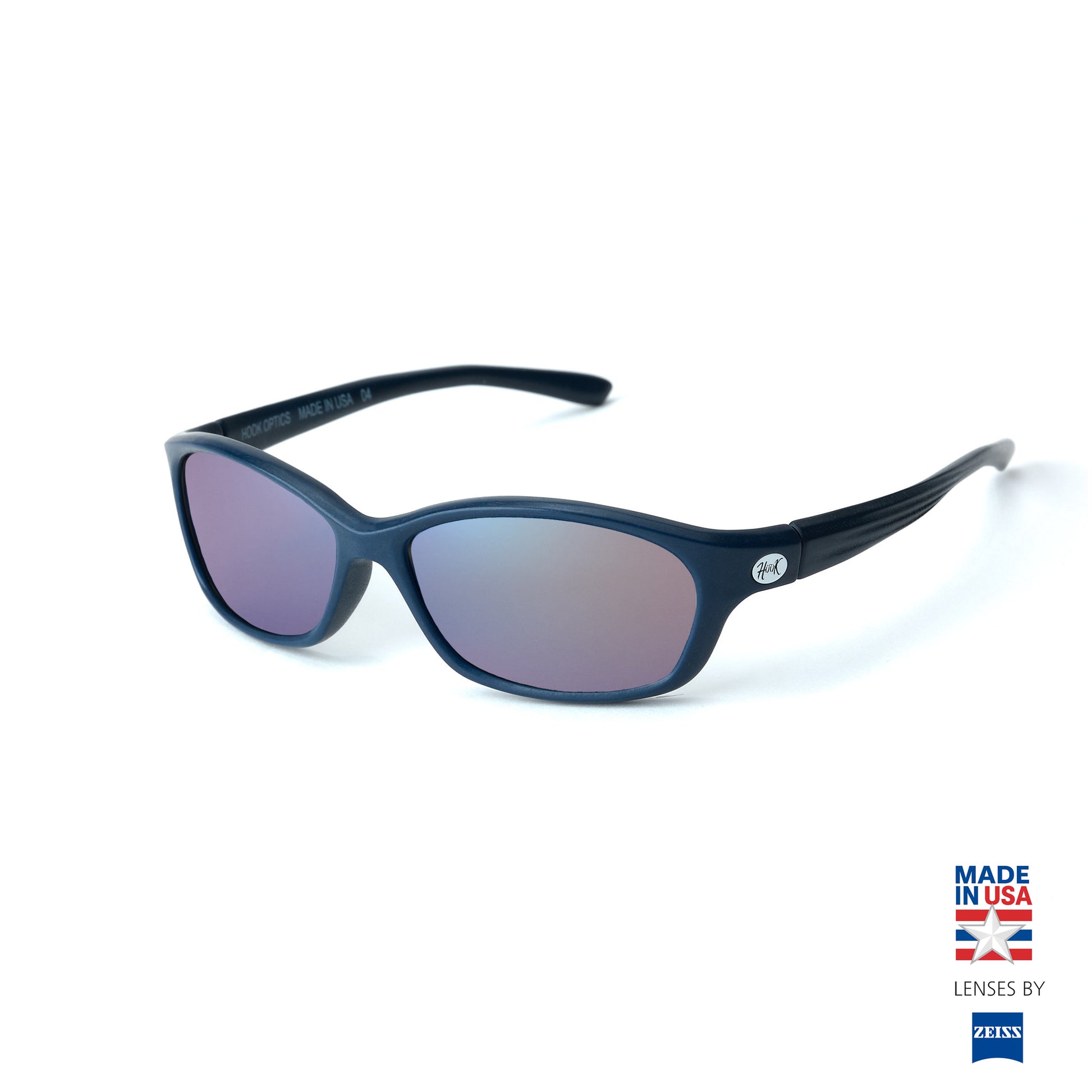Blue sunglasses with a 'Made in USA' label on a white background-Sunglasses that float in saltwater