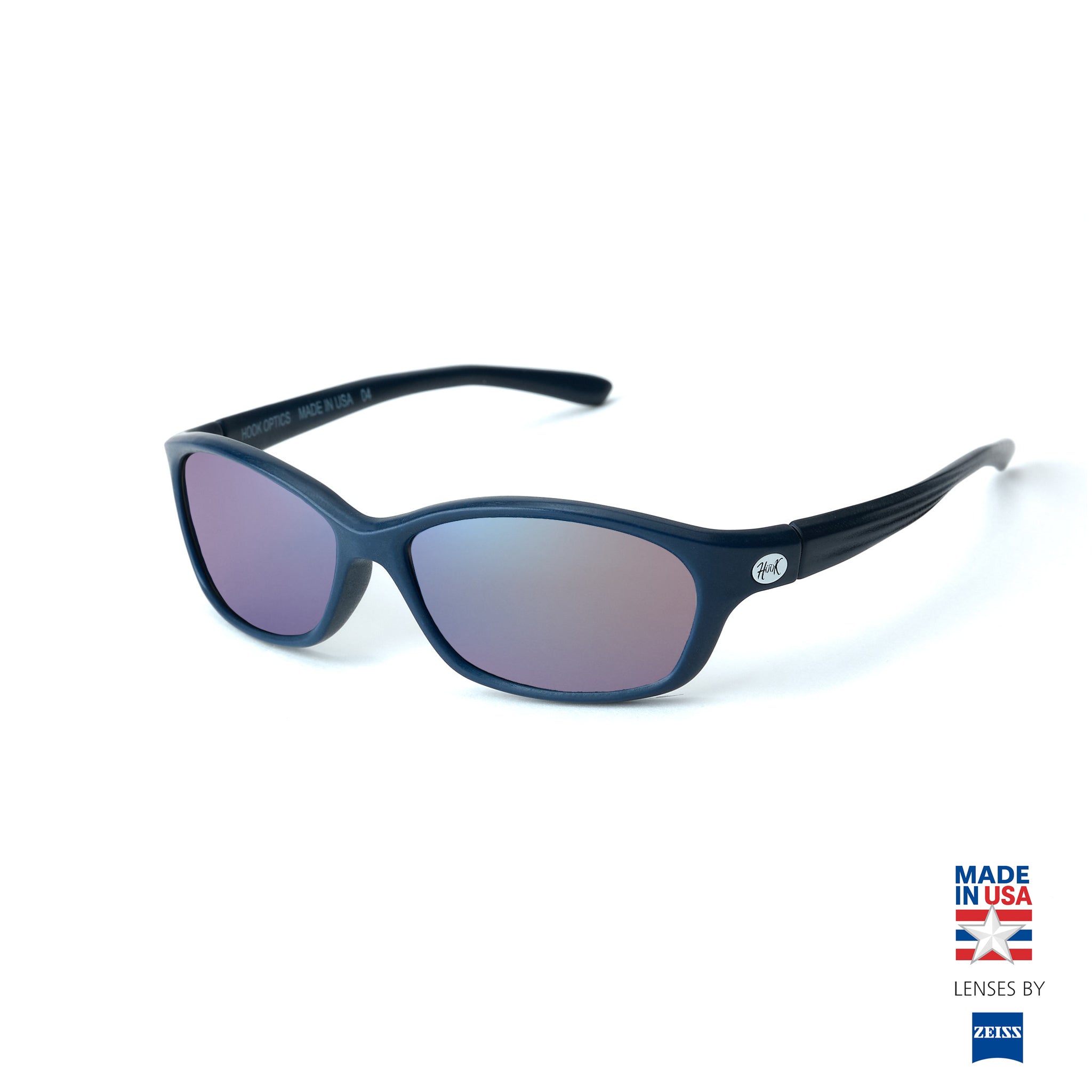Blue sunglasses with a 'Made in USA' label on a white background-Sunglasses that float in saltwater