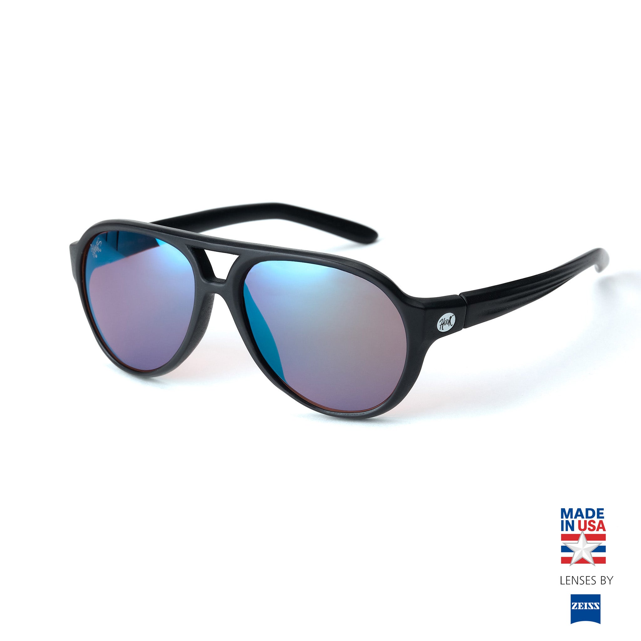 PATRIOT - Hook sunglasses Black sunglasses with blue lenses on a white background, featuring 'Made in USA' and Zeiss branding by hook optics