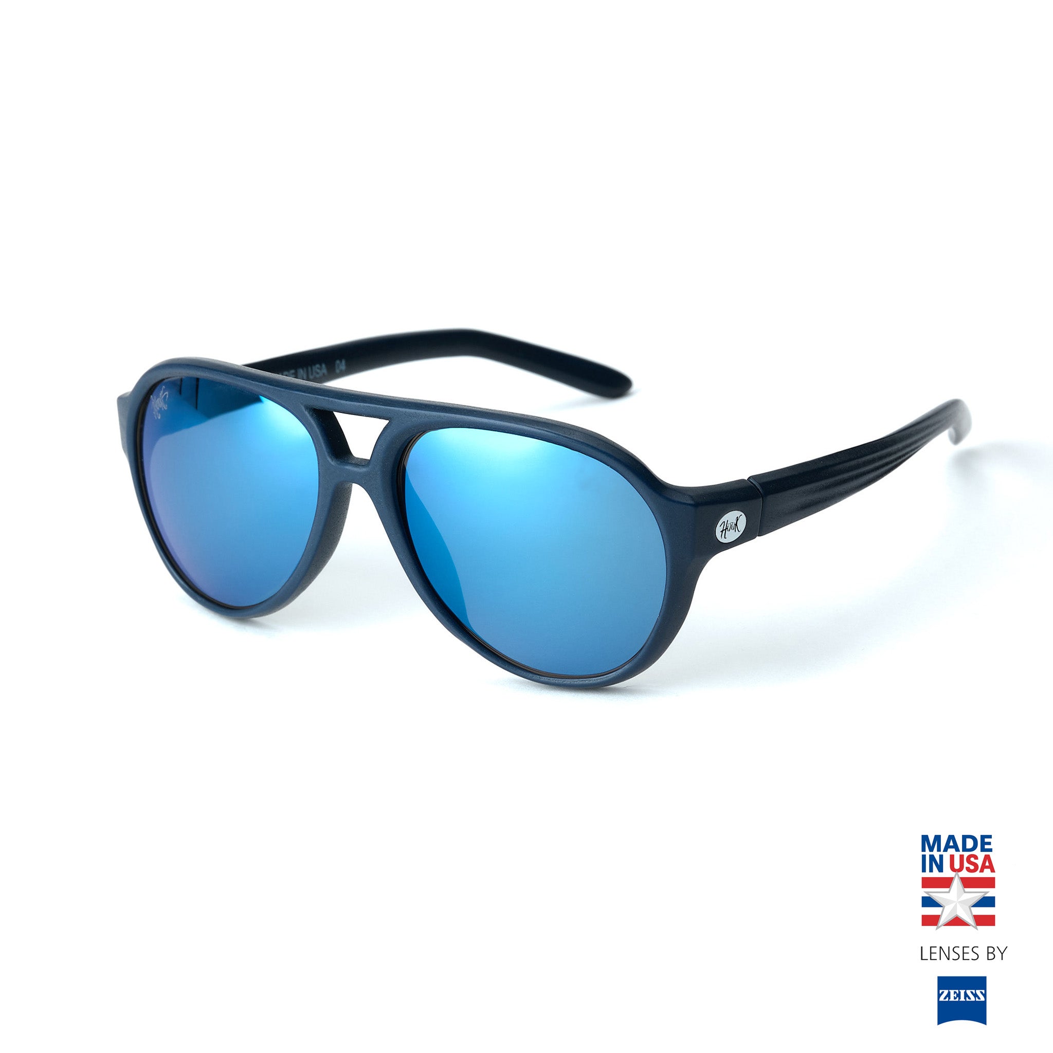PATRIOT - Hook sunglasses -Black sunglasses with blue lenses on a white background, featuring 'Made in USA' and Zeiss branding by hook optics