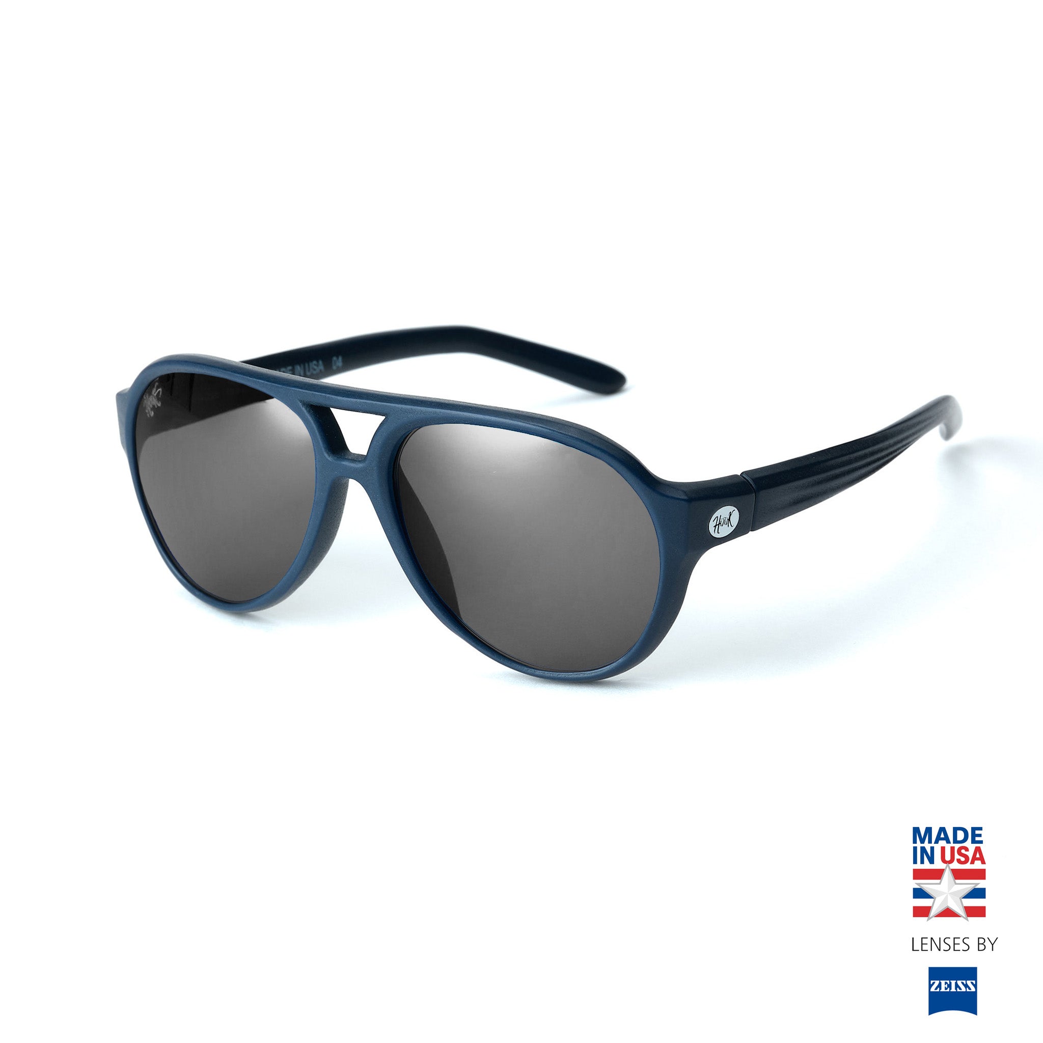 Black sunglasses with blue lenses on a white background, featuring 'Made in USA' and Zeiss branding by hook optics