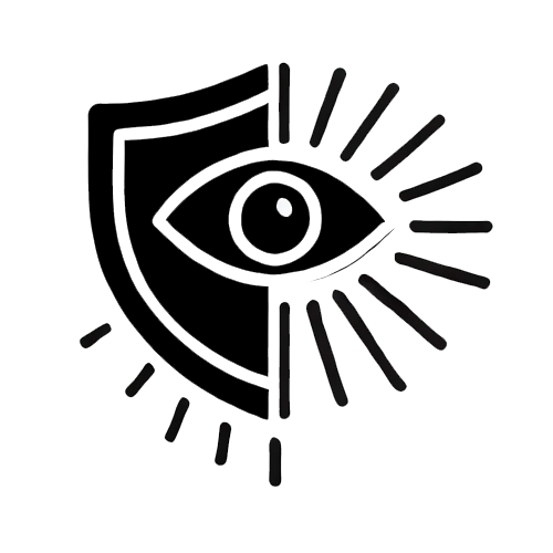 Black icon of an eye within a shield on a white background