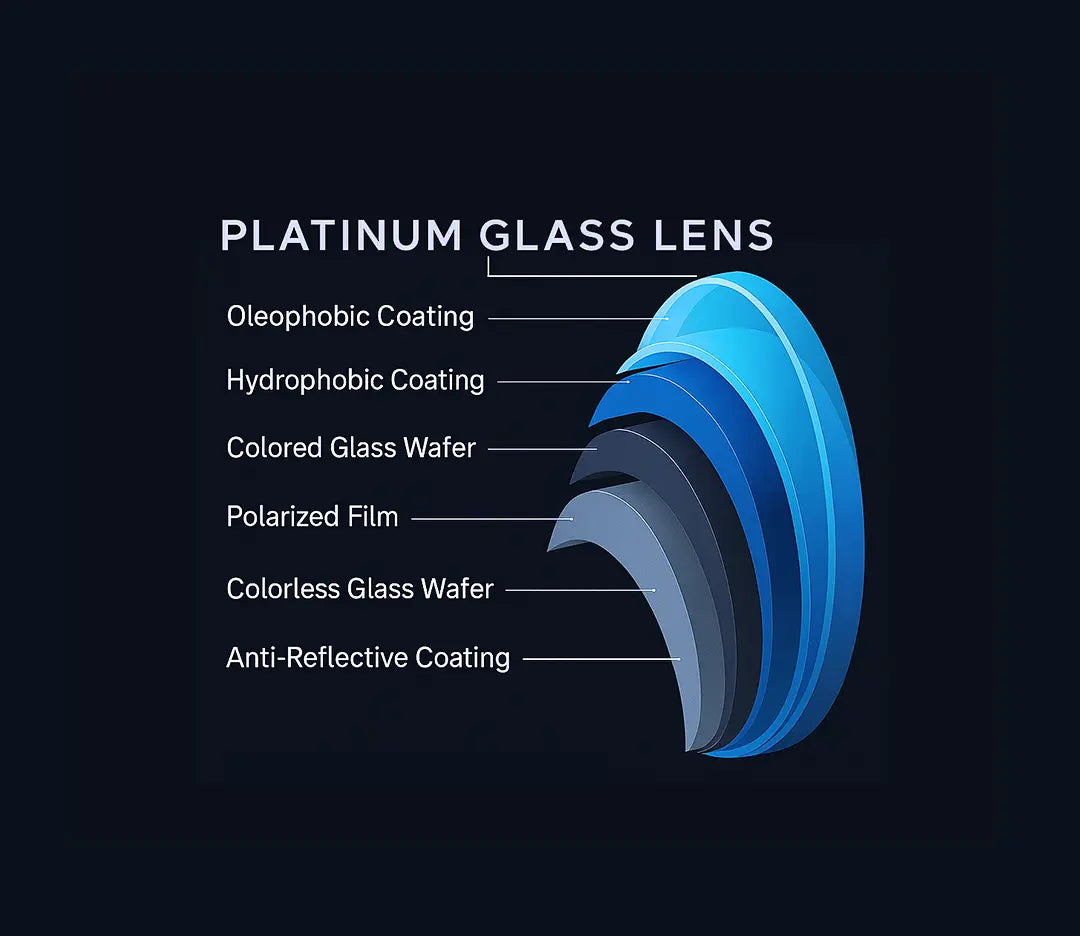 Diagram of platinum glass lens layers with labels on a black background