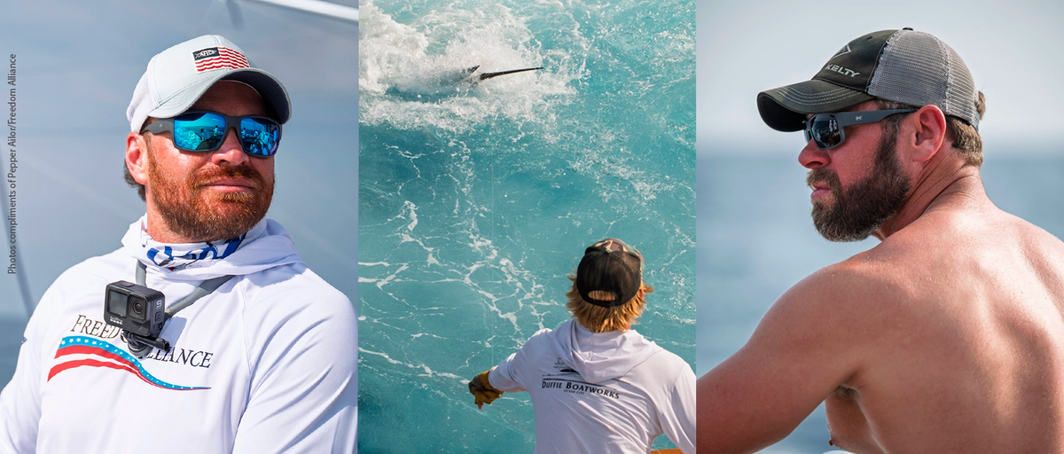 Collage of a man on a boat, fishing, and another man offshore fishing wearing hook optics best polarized sunglasses.