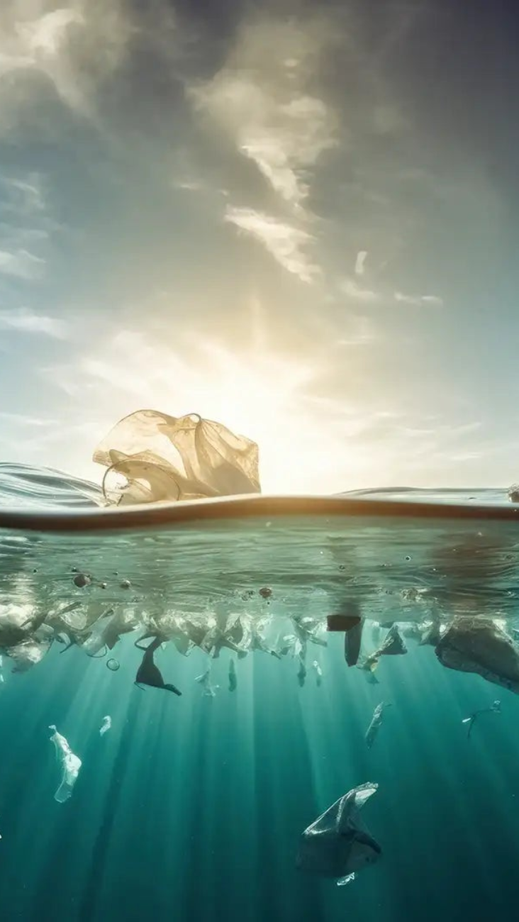 Plastic bags and trash floating in water