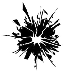 Black abstract splatter design on a white background