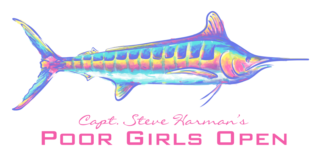 a colorful marlin fish. Poor girls open ladies fishing tournament logo